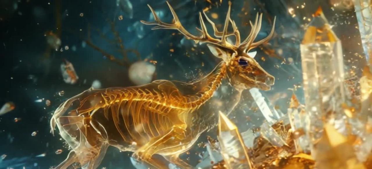 金色麋鹿与水晶碎片：奇幻透明生物世界