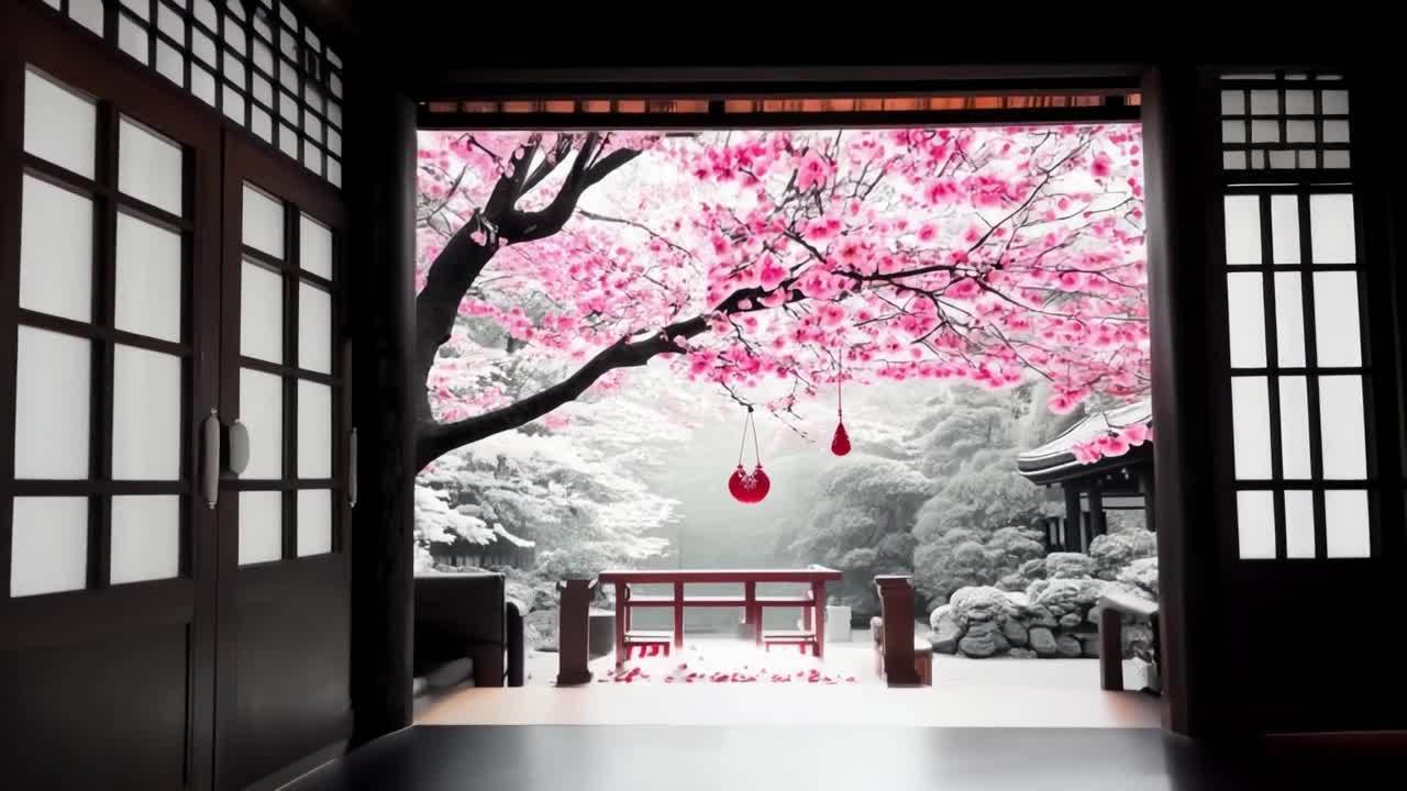 一间日式房屋的起居室，木质推拉门半开，露出庭院的景