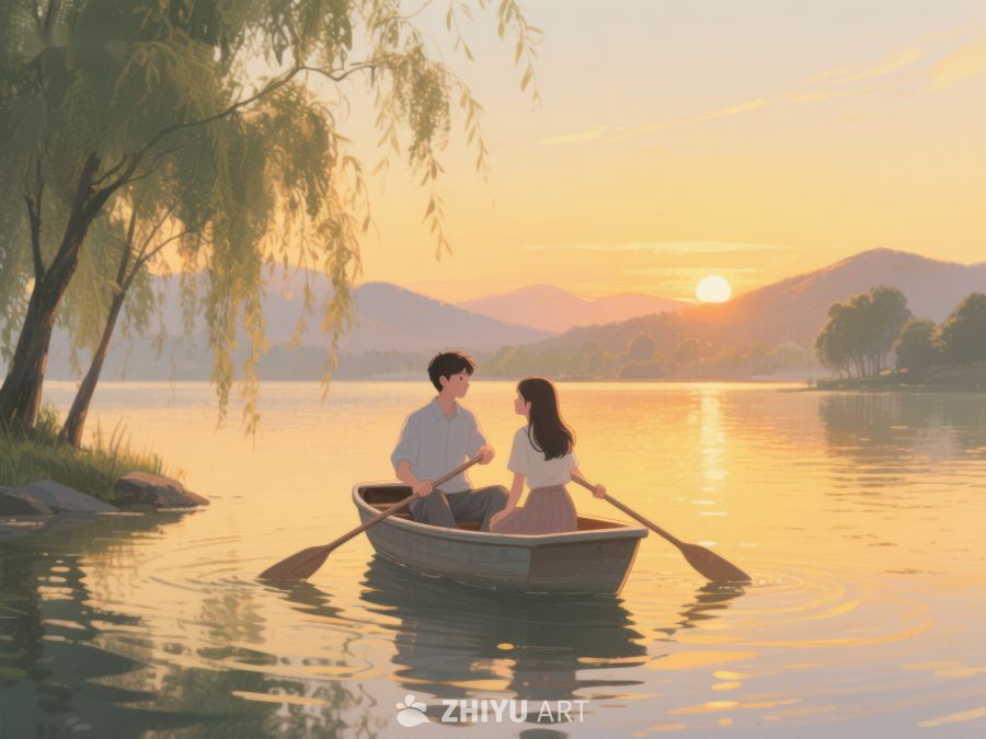 湖畔夕阳下的划船情侣 291