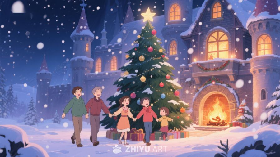 雪夜城堡前的圣诞树与家庭 335