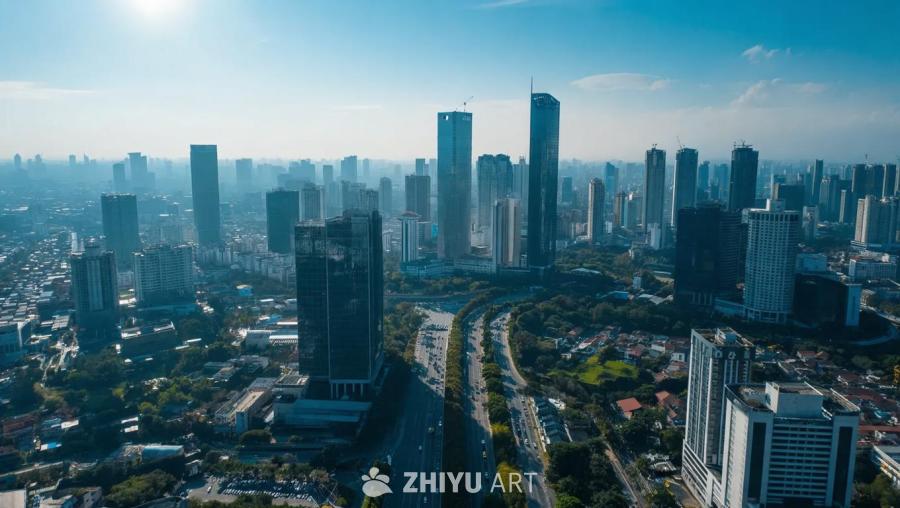 晴朗的一天，从无人机视角拍摄的现代化城市，画面中可