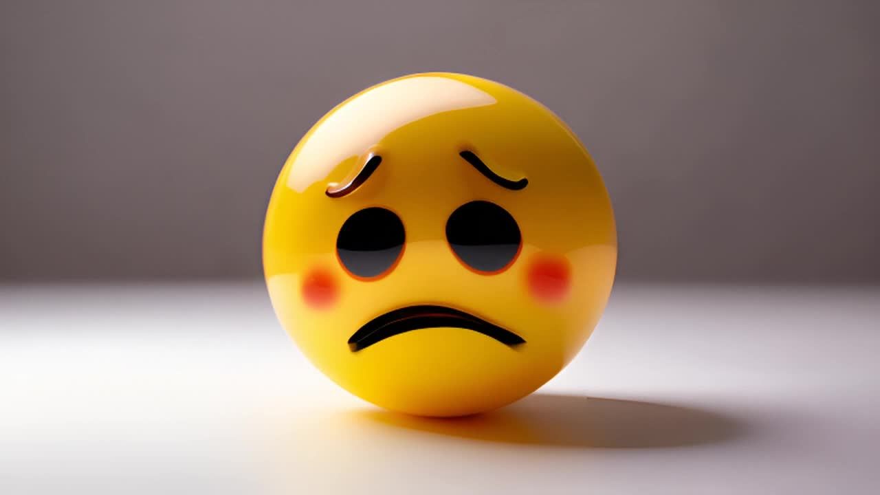 一个黄色的3D表情球，有着下垂的眼睛和皱着的嘴，背