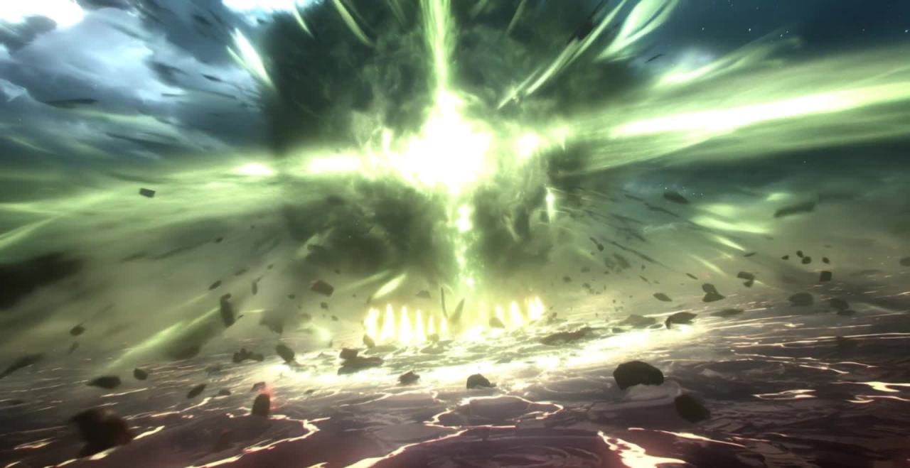 异星地表爆炸伴随绿色烟雾与碎片