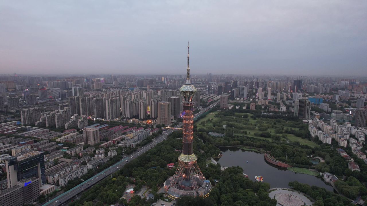 河北石家庄城市夜幕降临航拍