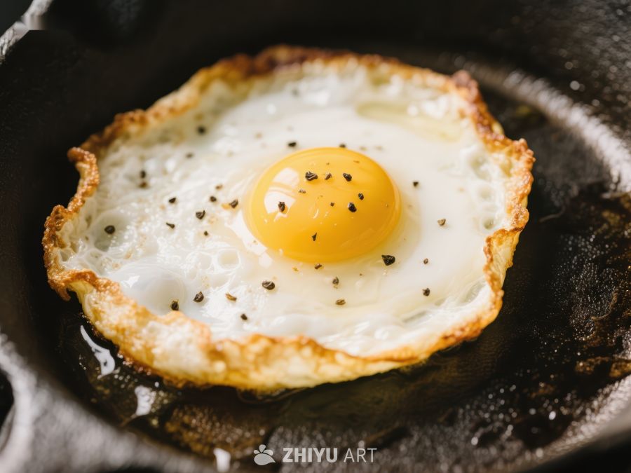 煎蛋在铸铁锅中烹饪 386