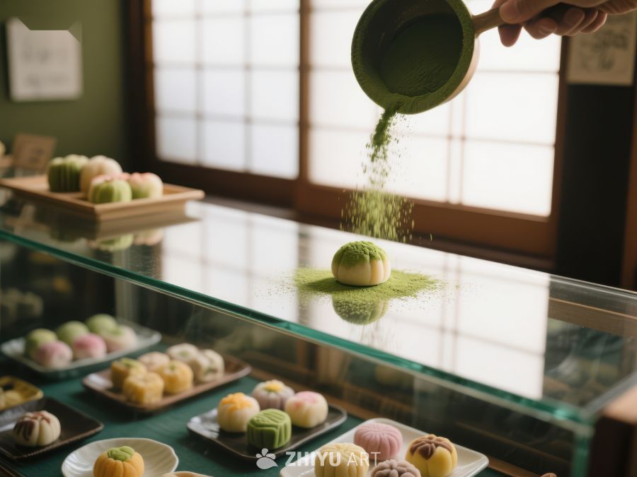 抹茶撒粉，精致点心展示