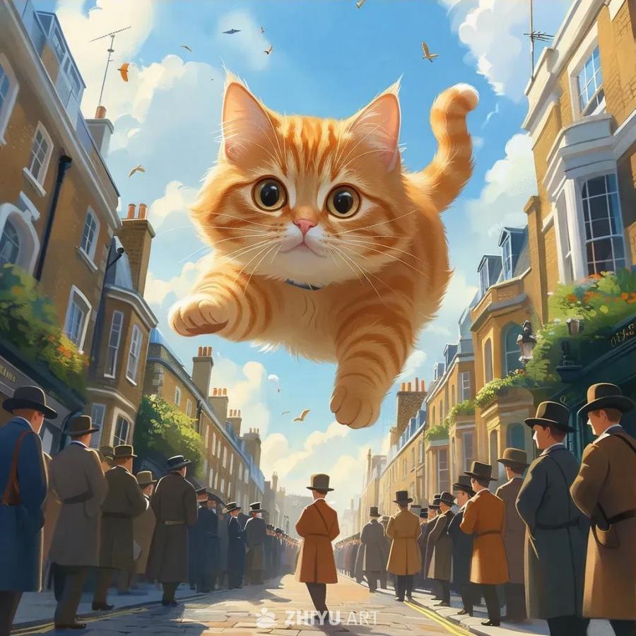 天空晴朗，几只小鸟飞过。一只巨大的橙色猫漂浮在街道
