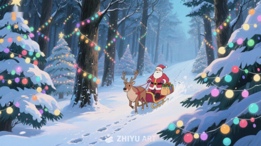 雪夜森林中的圣诞老人与驯鹿 368