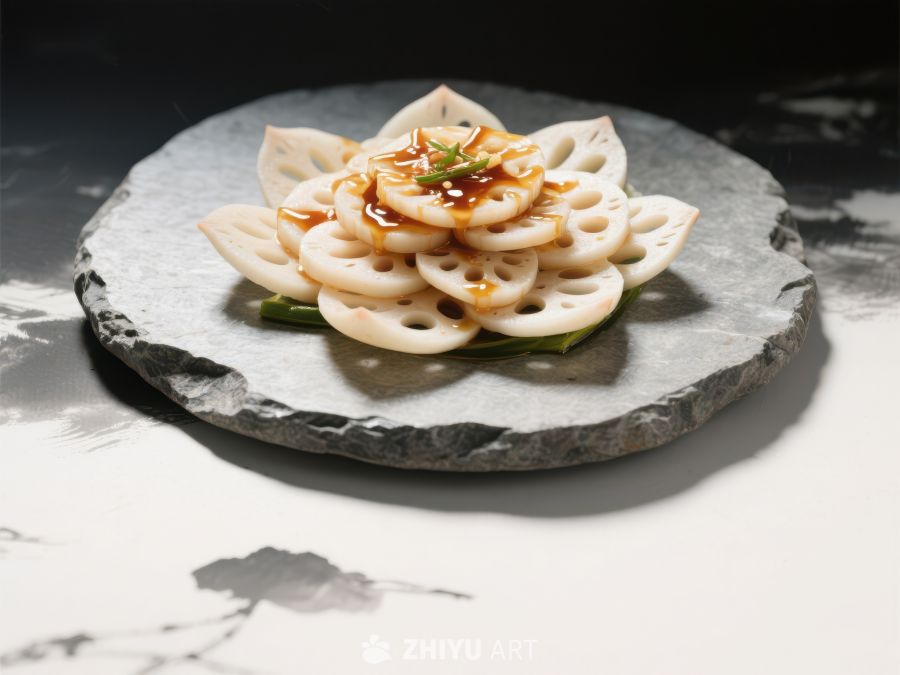 精致莲藕片摆盘，佐以酱料点缀 490