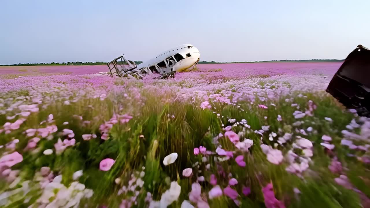 一架波音747飞机的残骸散落在开满鲜花的广阔田野上