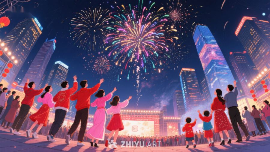 城市夜景中的人群与烟花 16