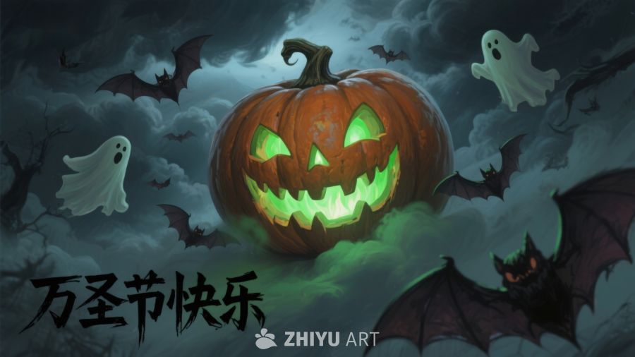 万圣节快乐：南瓜灯与幽灵蝙蝠