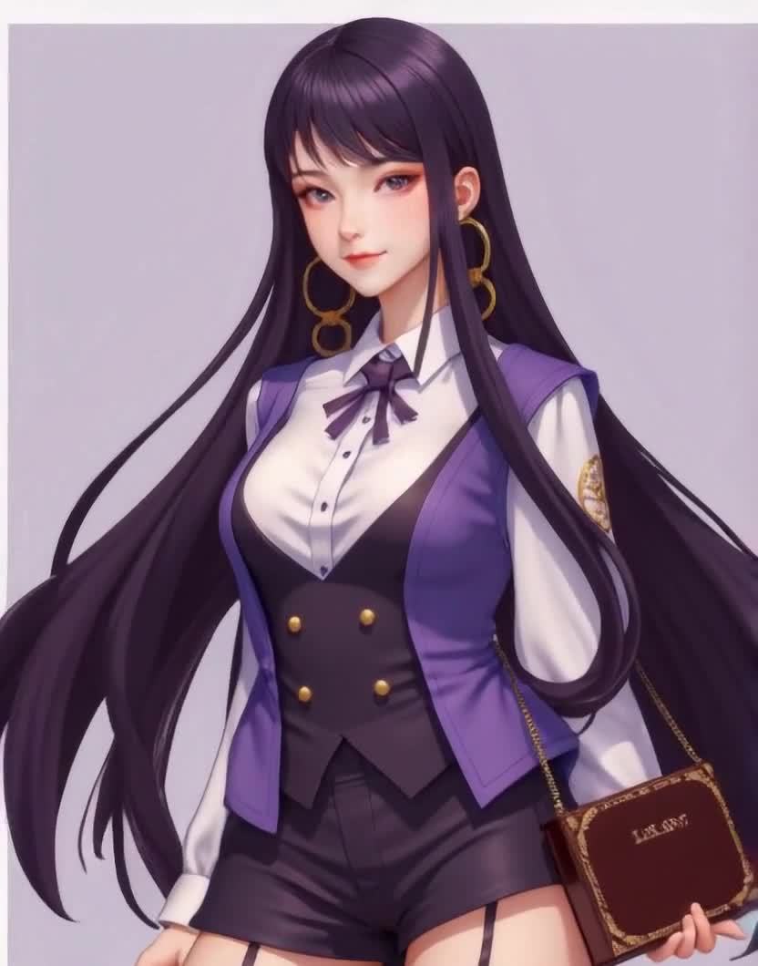 紫发动漫少女的紫色背心和棕色小包