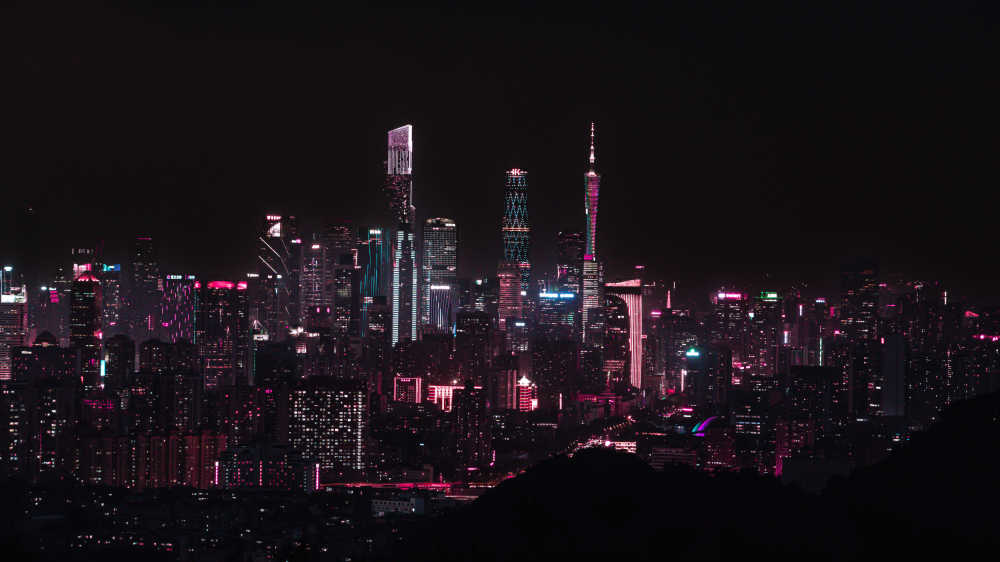 超现实的广州城市全景，赛博朋克