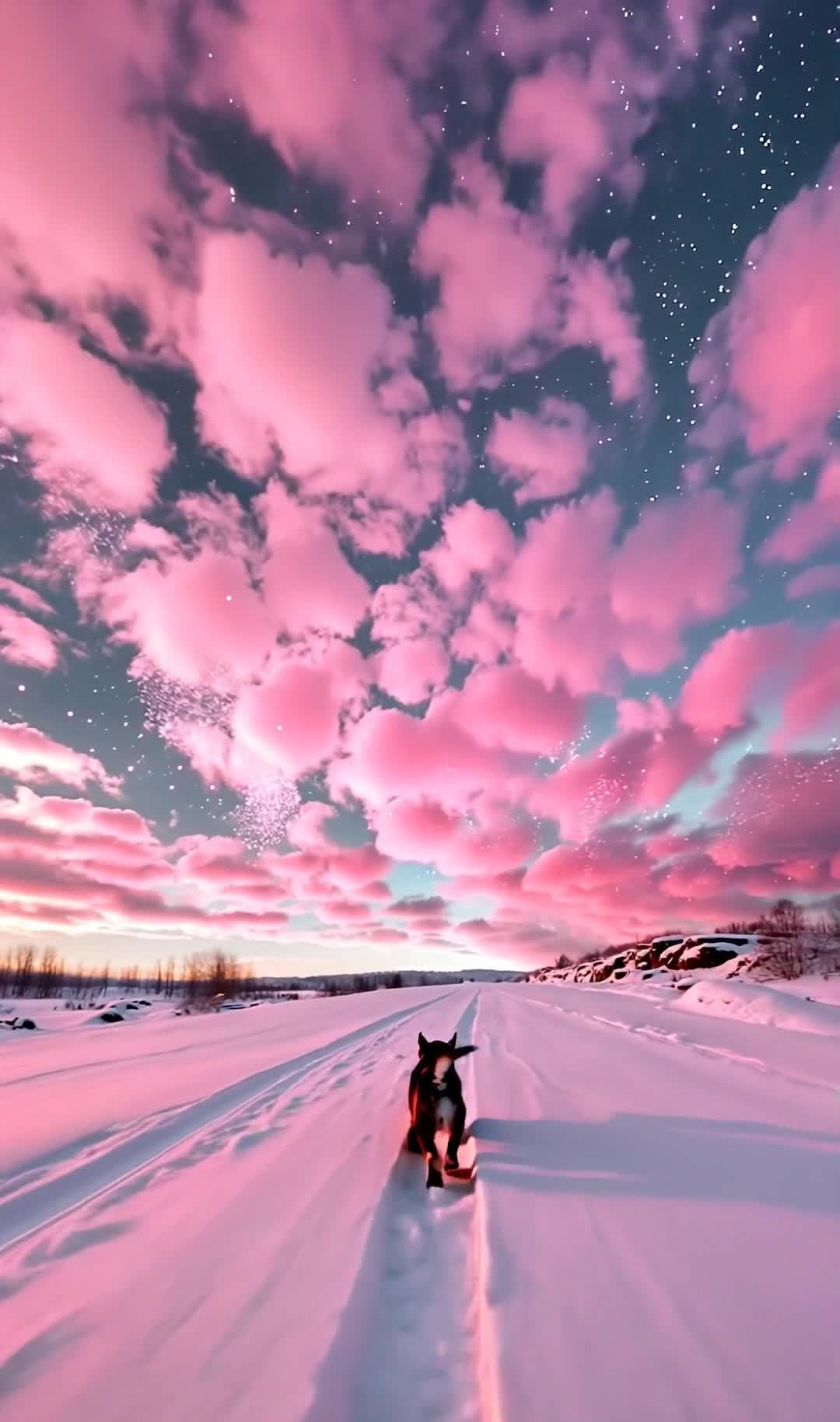 粉色极光下的雪景：奔跑的黑白小狗与道路