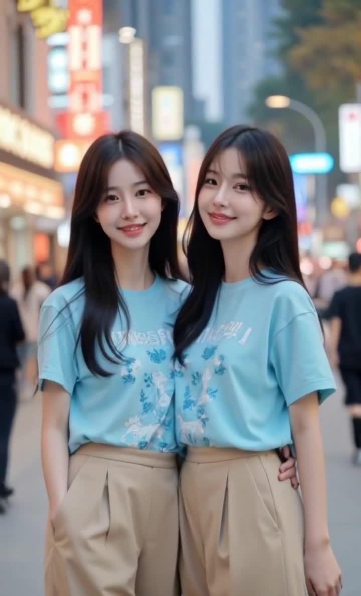 两个年轻女子并肩站立，她们都穿着印有图案的浅蓝色T