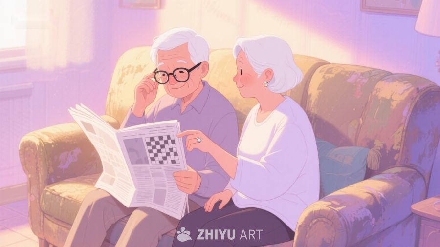 老夫妇沙发上看报纸 205