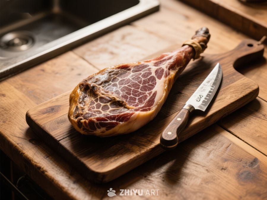 风干火腿与刀具置于木板之上 141