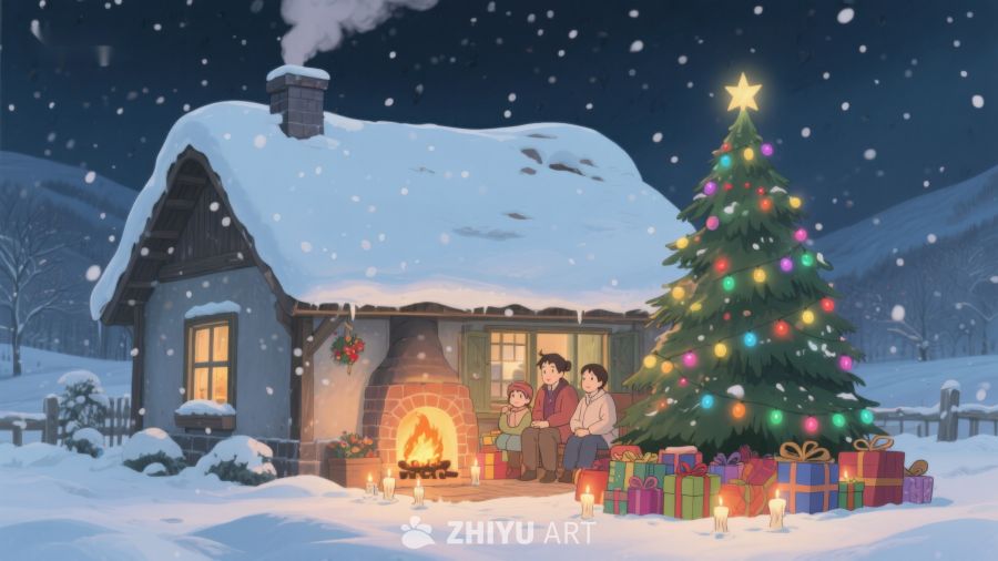 雪夜温馨家庭圣诞场景 399
