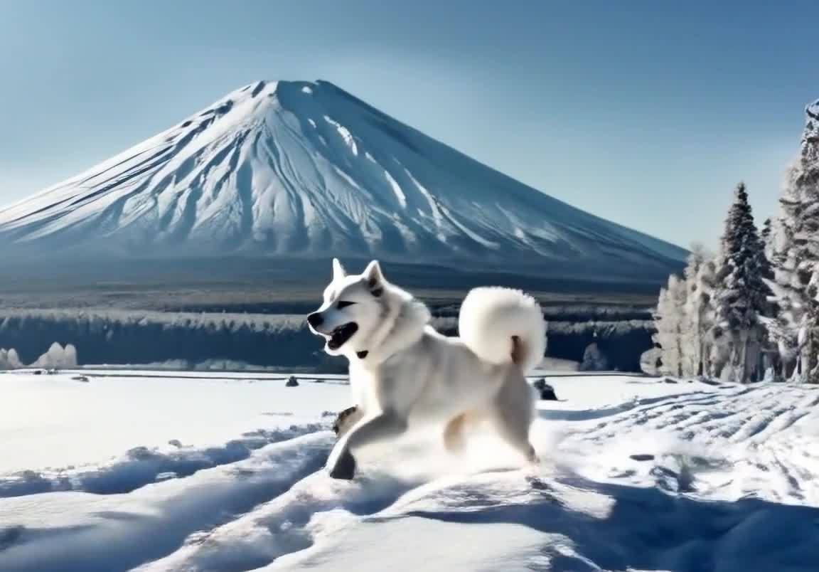 雪山下的雪地里，一只戴红项圈的白犬在奔跑。