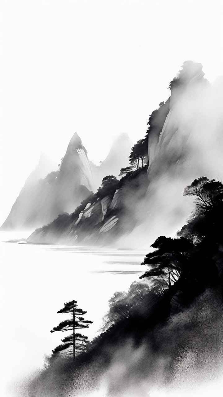 雾气缭绕水墨山水画简约风格 41
