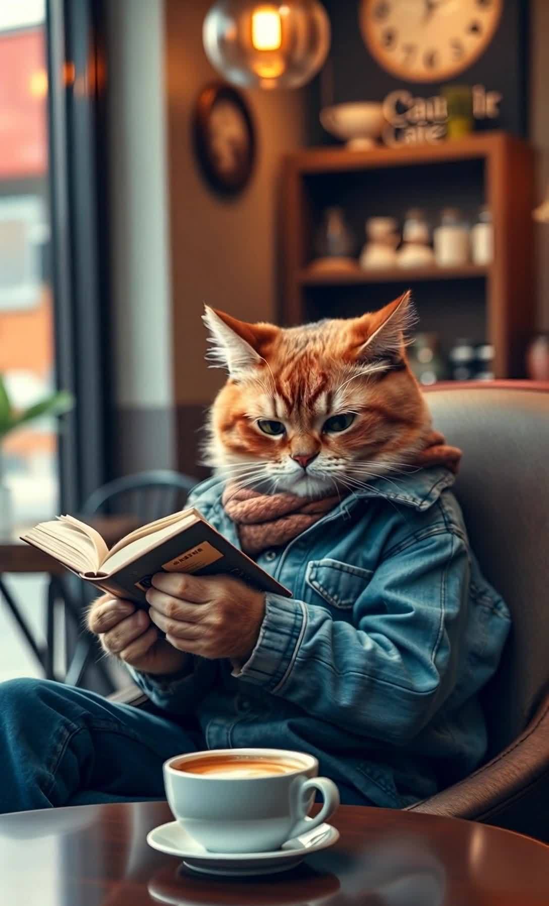 一只猫咪坐在咖啡馆的椅子上，穿着牛仔外套，围着棕色