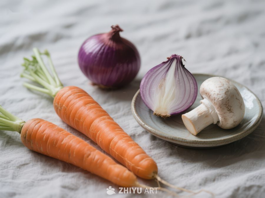 新鲜蔬菜：胡萝卜、洋葱与蘑菇 620