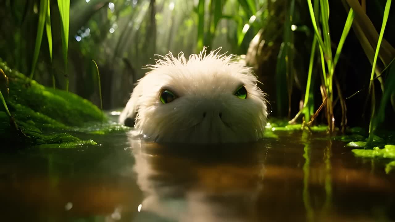 水中游泳的生物毛发蓬松，绿色的眼睛很大很有神。从低