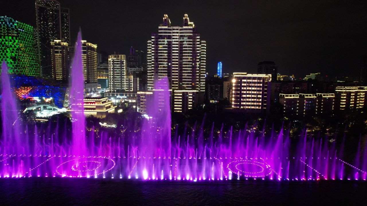  广西柳州音乐喷泉夜景航拍