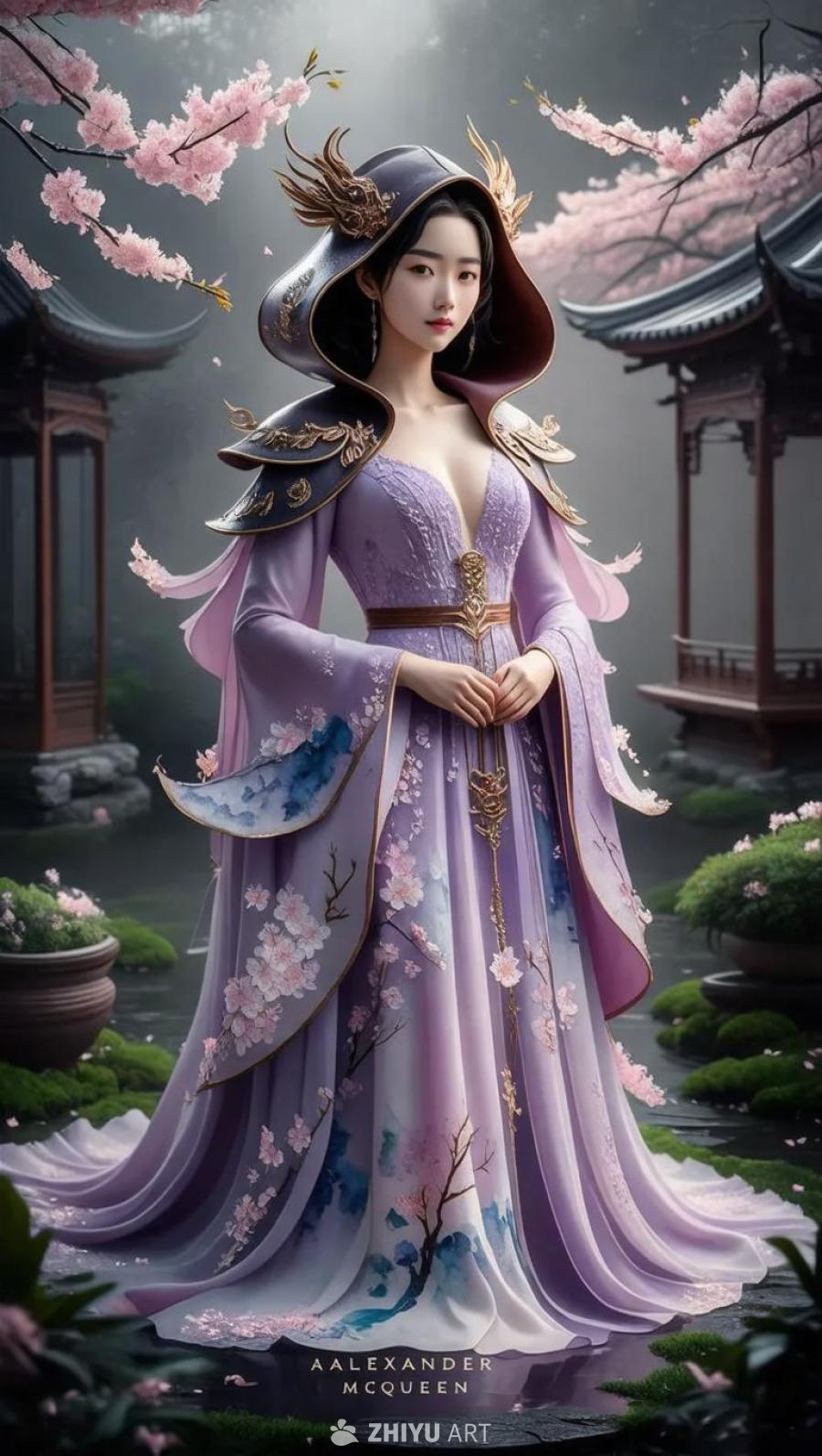 一位女性穿着淡紫色的长袍，长袍上印有水彩樱花图案，