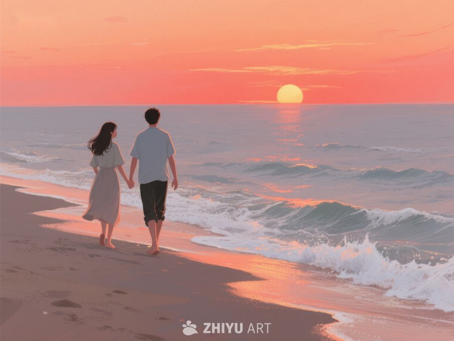 情侣海边漫步，夕阳映照波浪 501