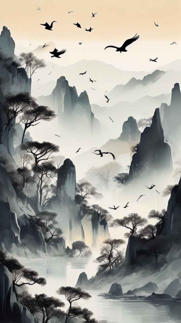 国风山水鹤插画背景 77