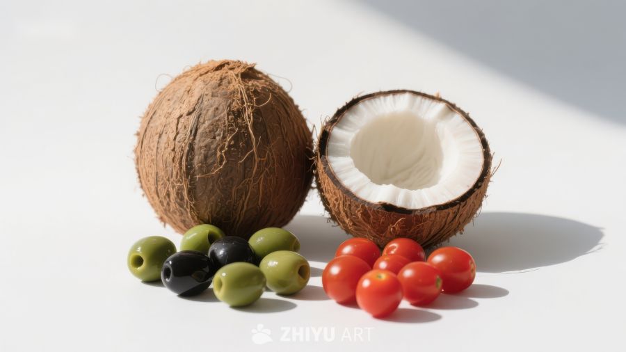 椰子、橄榄与樱桃番茄的静物组合