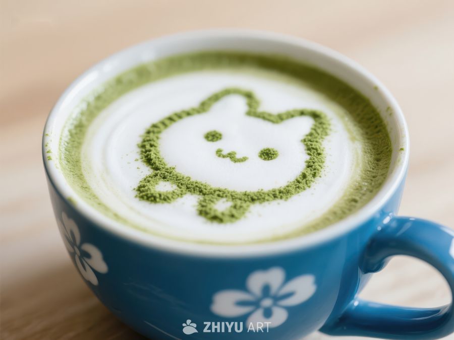 抹茶拿铁上的可爱猫咪图案