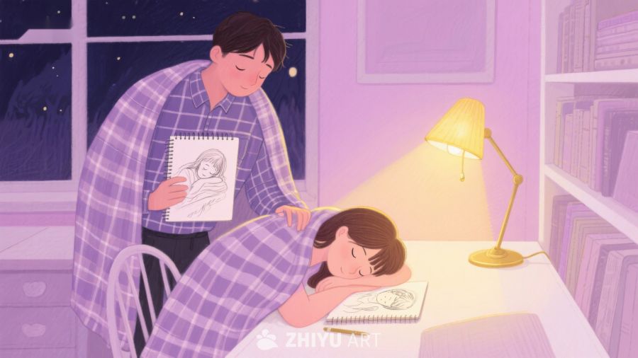 温馨夜景：父亲为熟睡的女儿盖被子 478