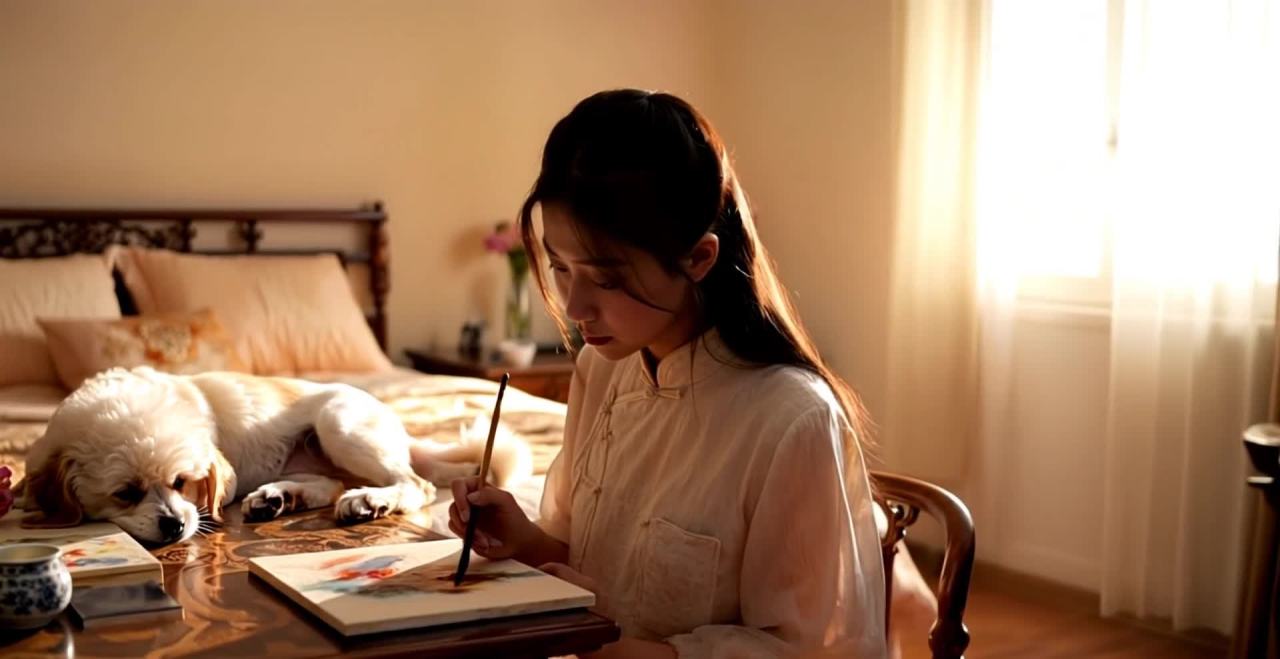 黄昏时，中国女性绘画，比熊犬伴其入眠
