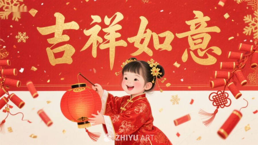 小女孩手持红灯笼庆祝春节 971