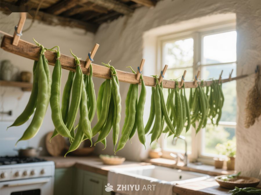 厨房内悬挂的绿色豆荚 89