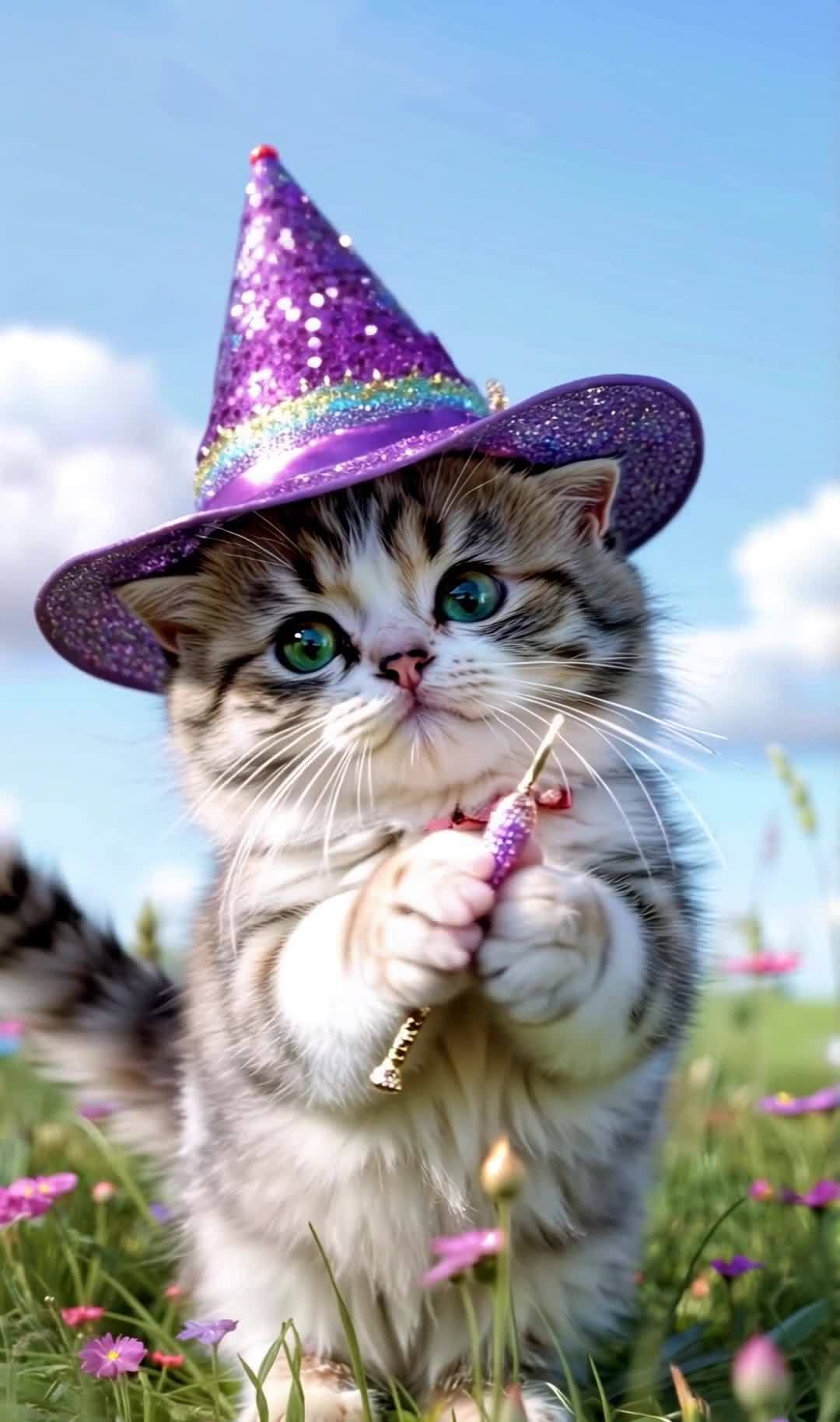 一只戴着紫色魔法帽的可爱小猫，爪子拿着魔法棒。小猫