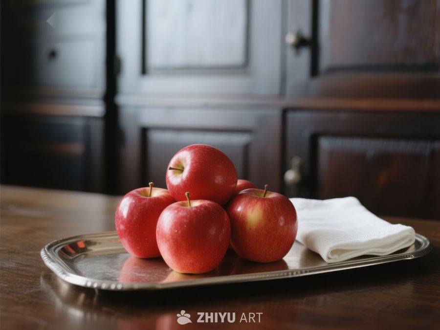银盘上的红苹果与白布 783