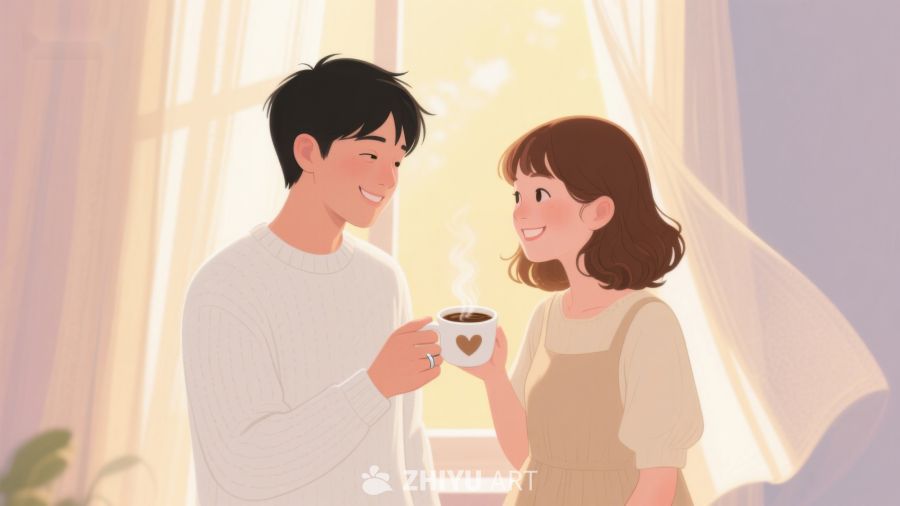 温馨早晨，情侣共饮热茶 495