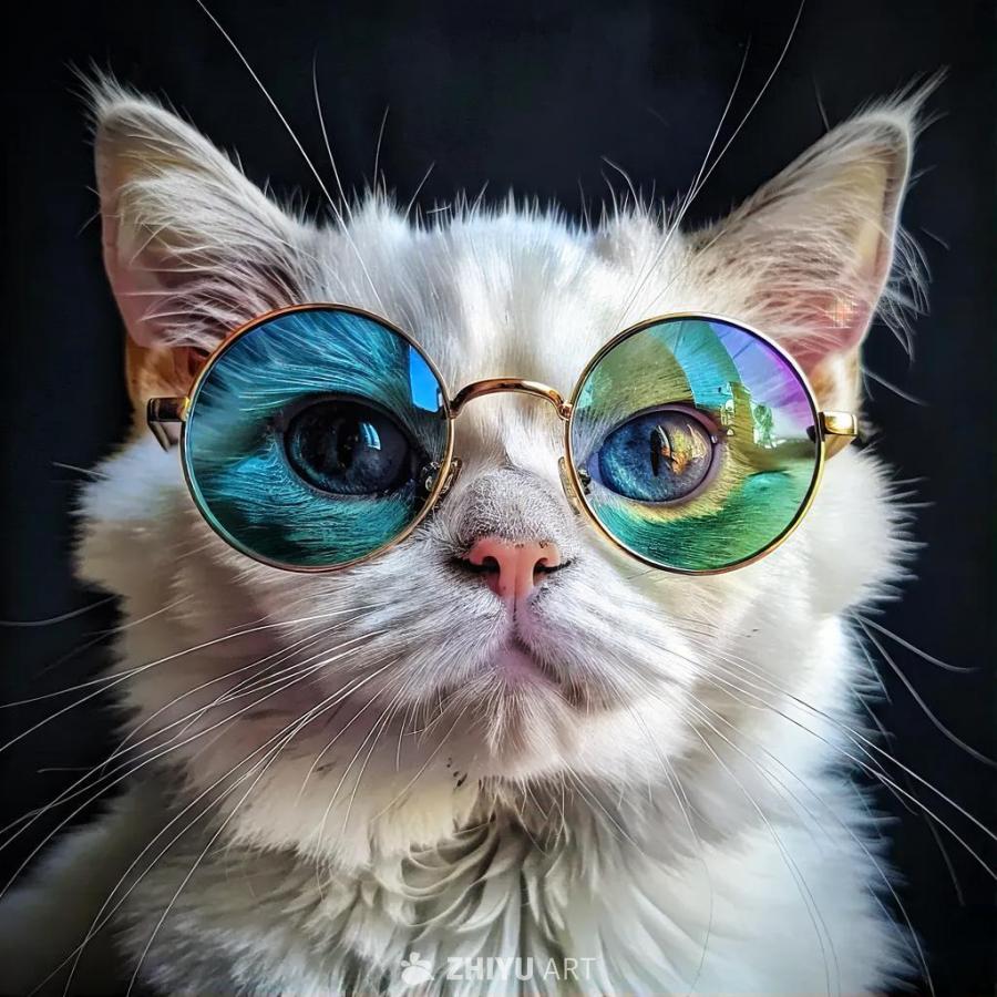 一只白色的猫戴着一副蓝绿色镜片的圆形复古眼镜。猫的