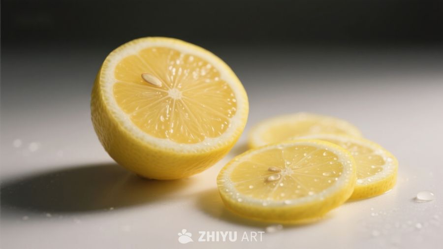 新鲜柠檬切片，汁液四溢