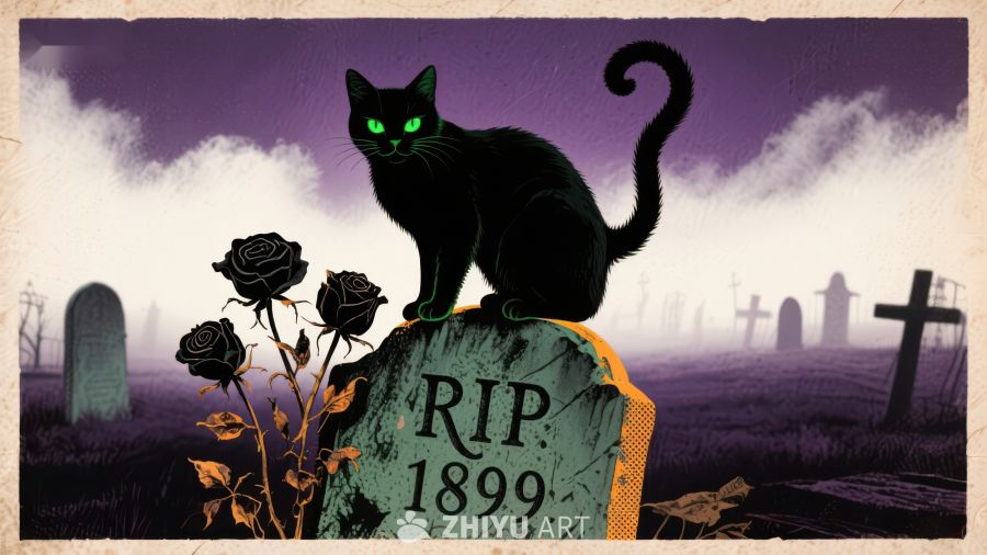 墓碑上的黑猫与玫瑰