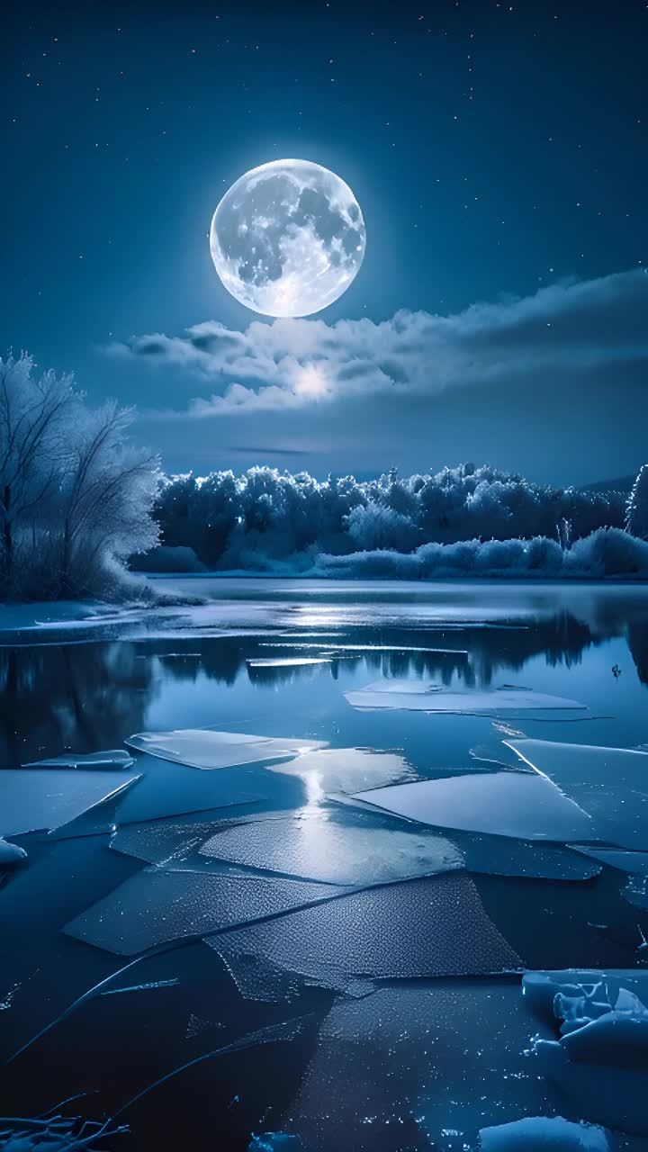 夜空中有一轮圆月，下方有云层和星星。水面上漂浮着冰