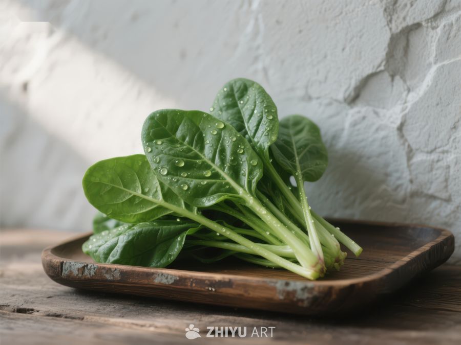 新鲜菠菜置于木质盘中 182