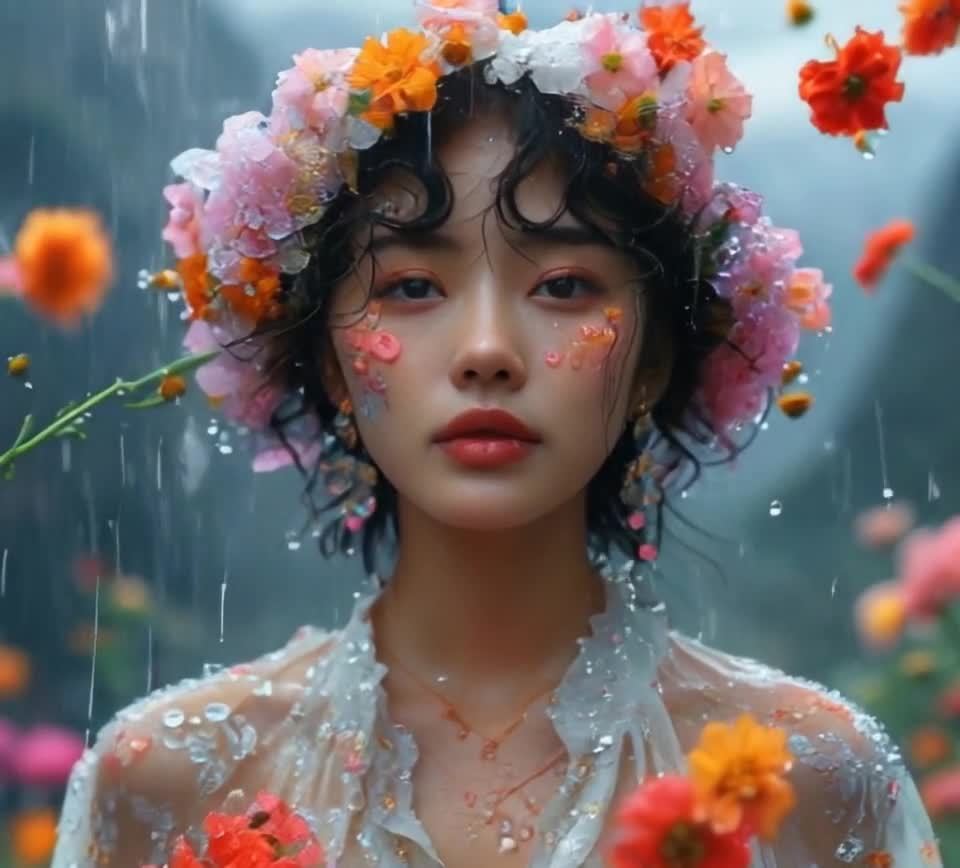 一名女子戴着花环，身着透明的白色上衣，面部和衣物上