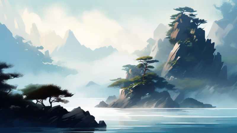 雾气缭绕大海山水画简约风格 19