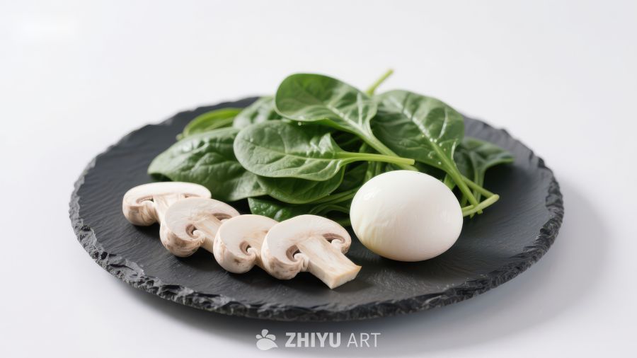 新鲜蘑菇与菠菜摆盘