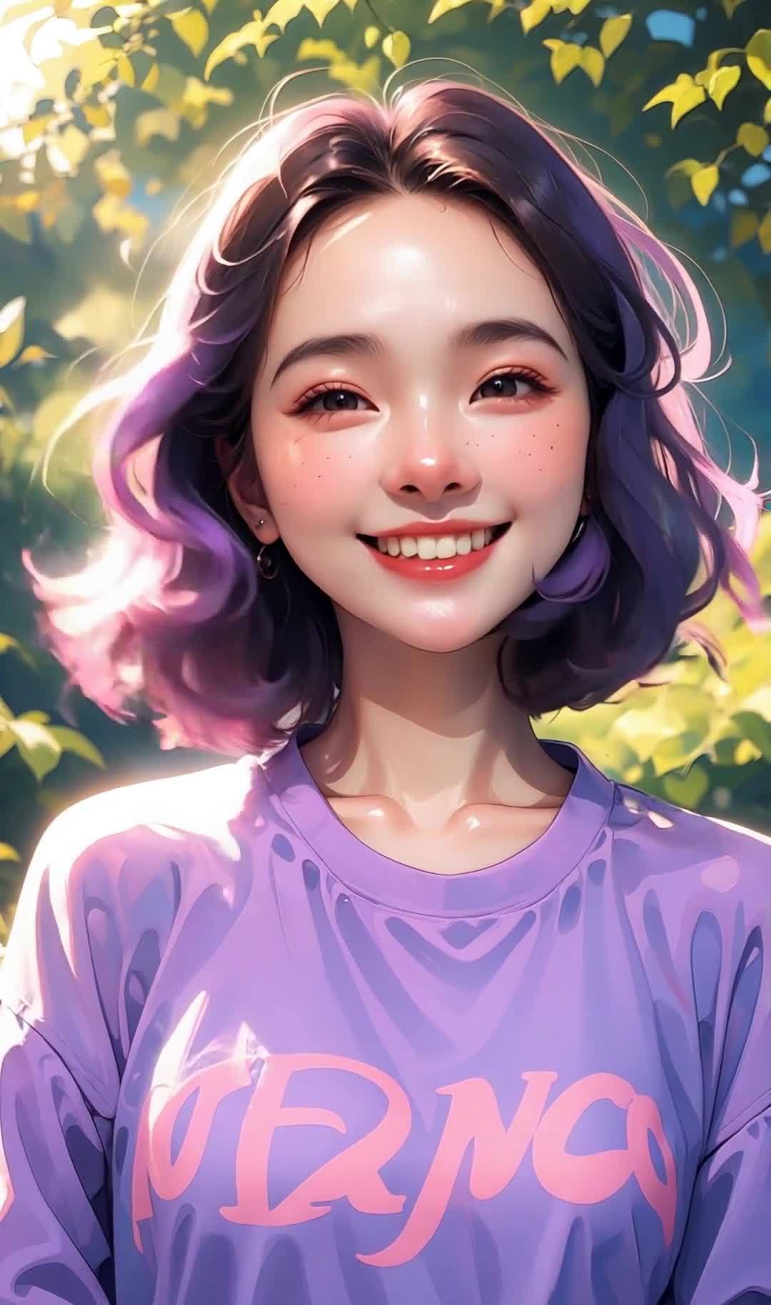 阳光下微笑的年轻女孩，紫色头发粉色T恤。